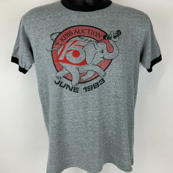 Vintage 80s KPBS Auction T Shirt Mens M Medium Gray Telethon Elephant San Diego - Picture 2 of 9
